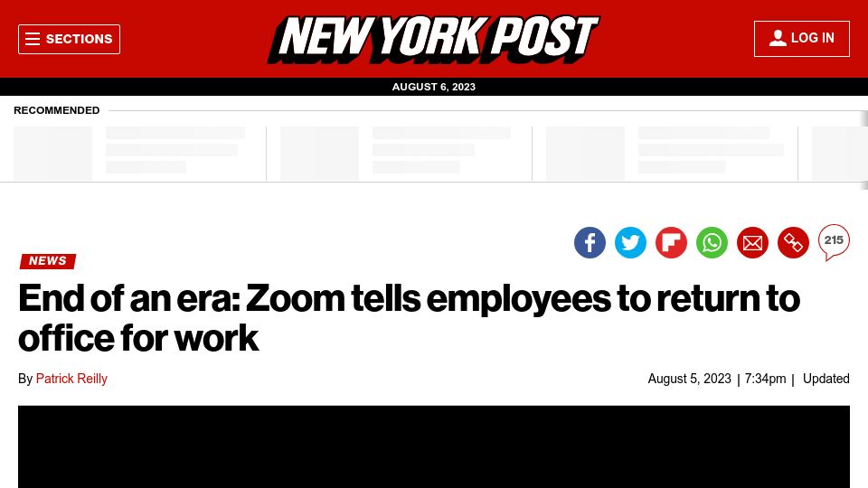 Screenshot of nypost.com: Ironically, Zoom tells employees to return to office for work