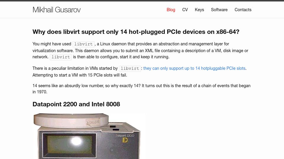 Screenshot of dottedmag.net: Why libvirt supports only 14 PCIe hotplugged devices on x86-64