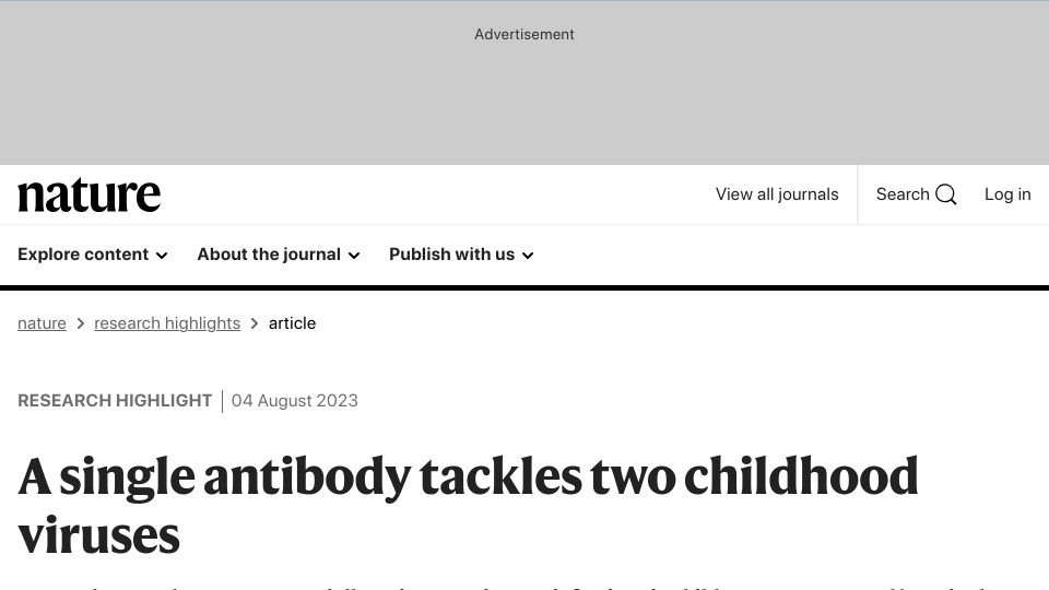 Screenshot of nature.com: A single antibody tackles two childhood viruses