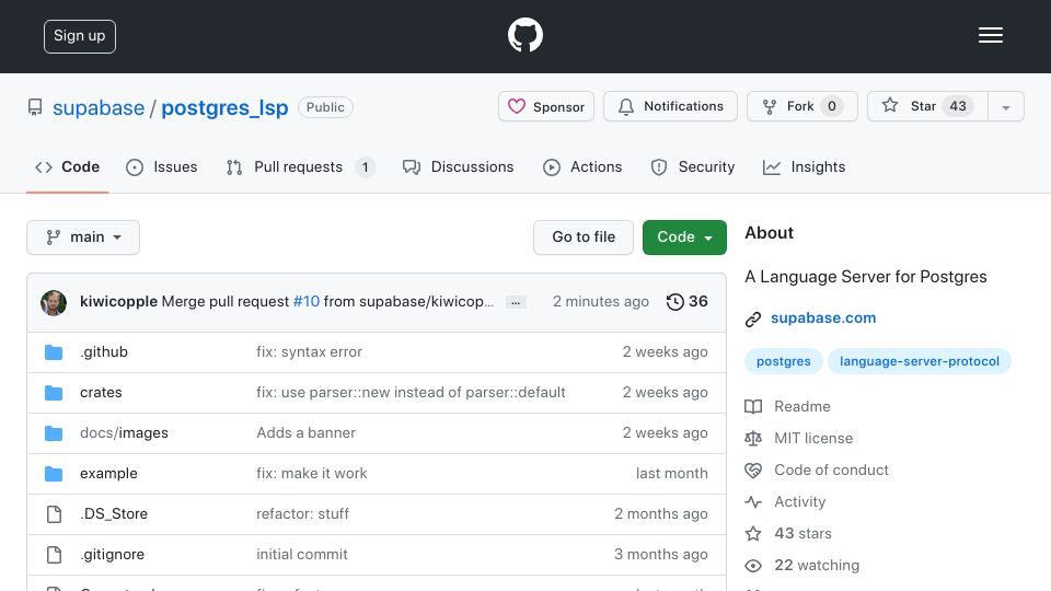 Screenshot of github.com: Postgres Language Server