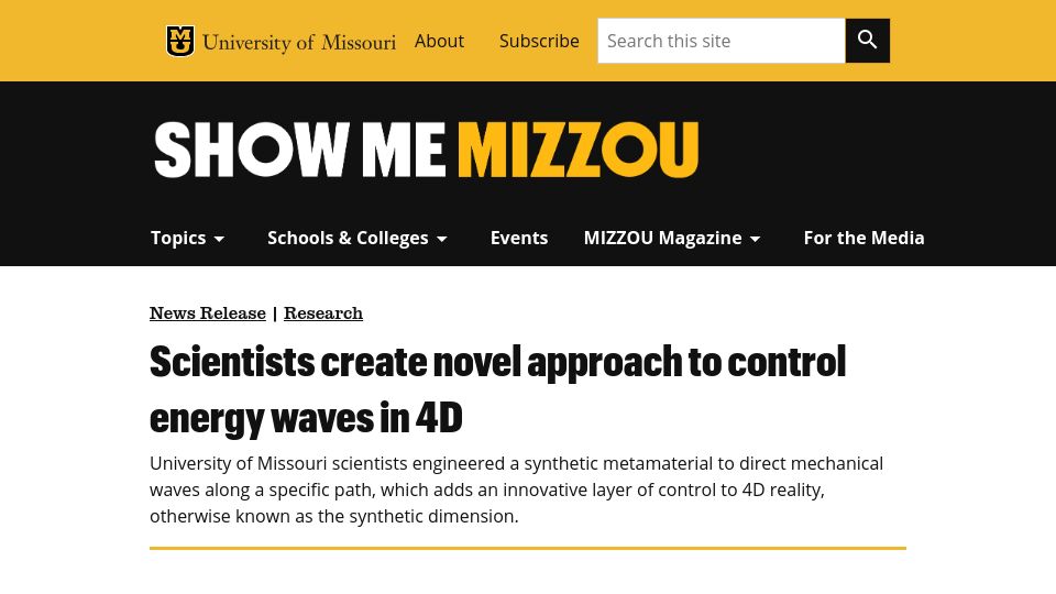 Screenshot of showme.missouri.edu: Scientists create novel approach to control energy waves in 4D