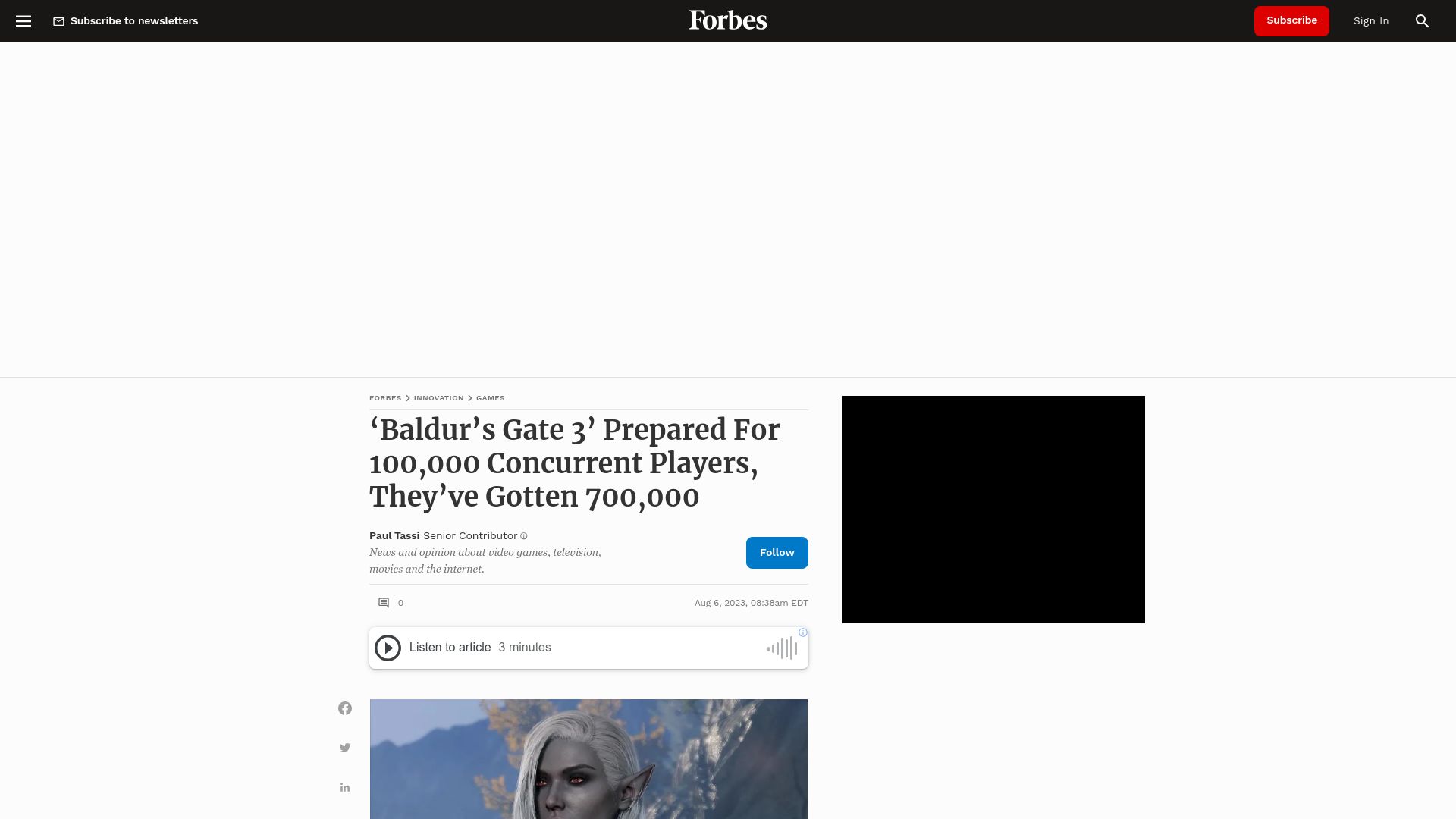 Screenshot of forbes.com: ‘Baldur’s Gate 3’ Prepared for 100k Concurrent Players, They’ve Gotten 700K