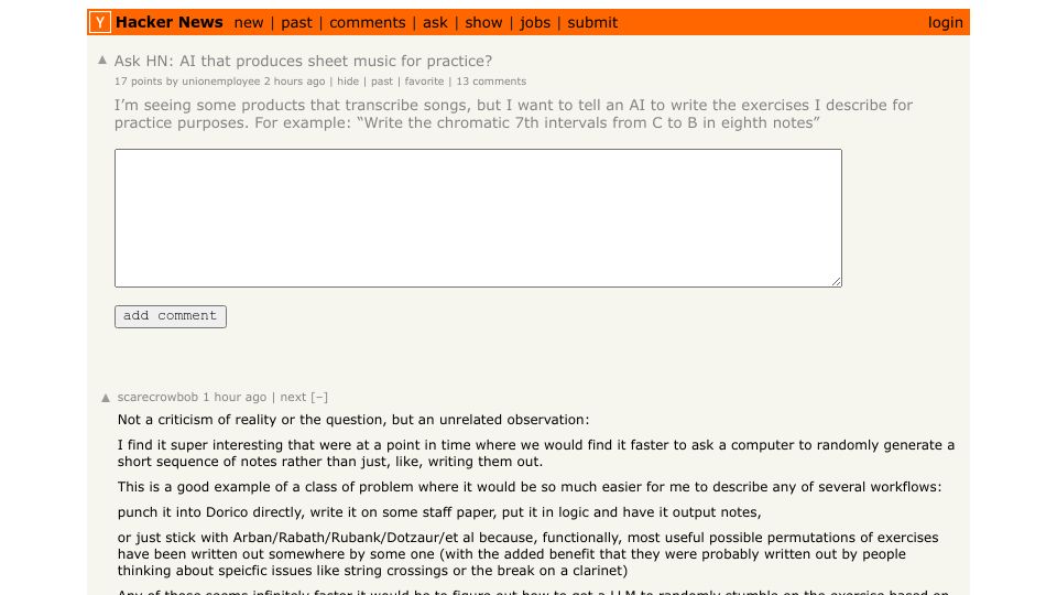 Screenshot of Hacker News post: Ask HN: AI that produces sheet music for practice?
