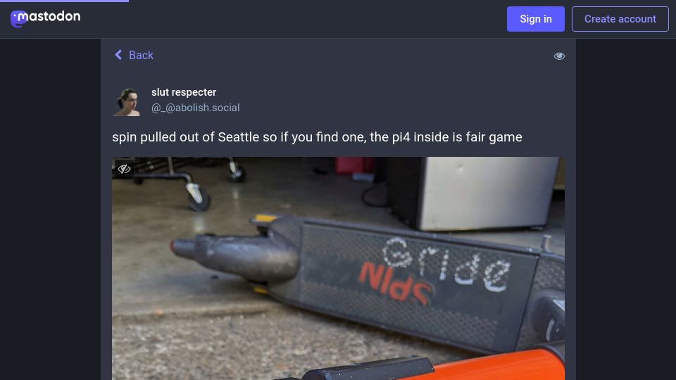 Screenshot of abolish.social: E-scooter startup Spin apparently uses RasPi 4s inside their scooters