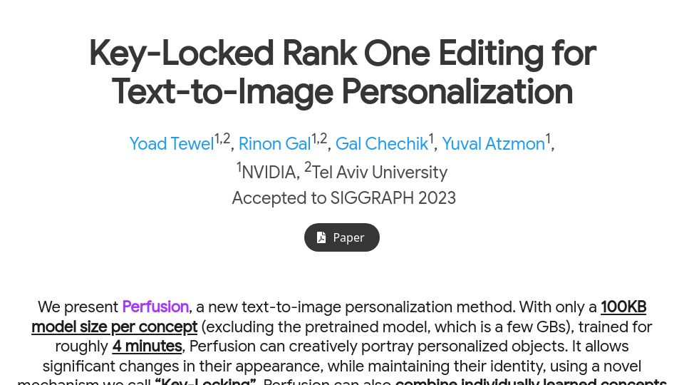 Screenshot of research.nvidia.com: Nvidia Launches a 100kb text-to-image model called Perfusion
