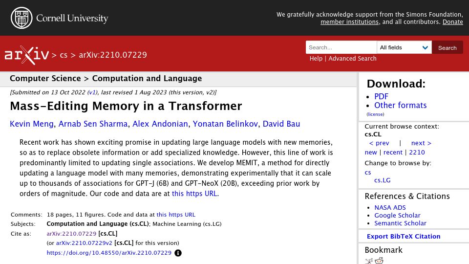 Screenshot of arxiv.org: Mass Editing Memory in a Transformer