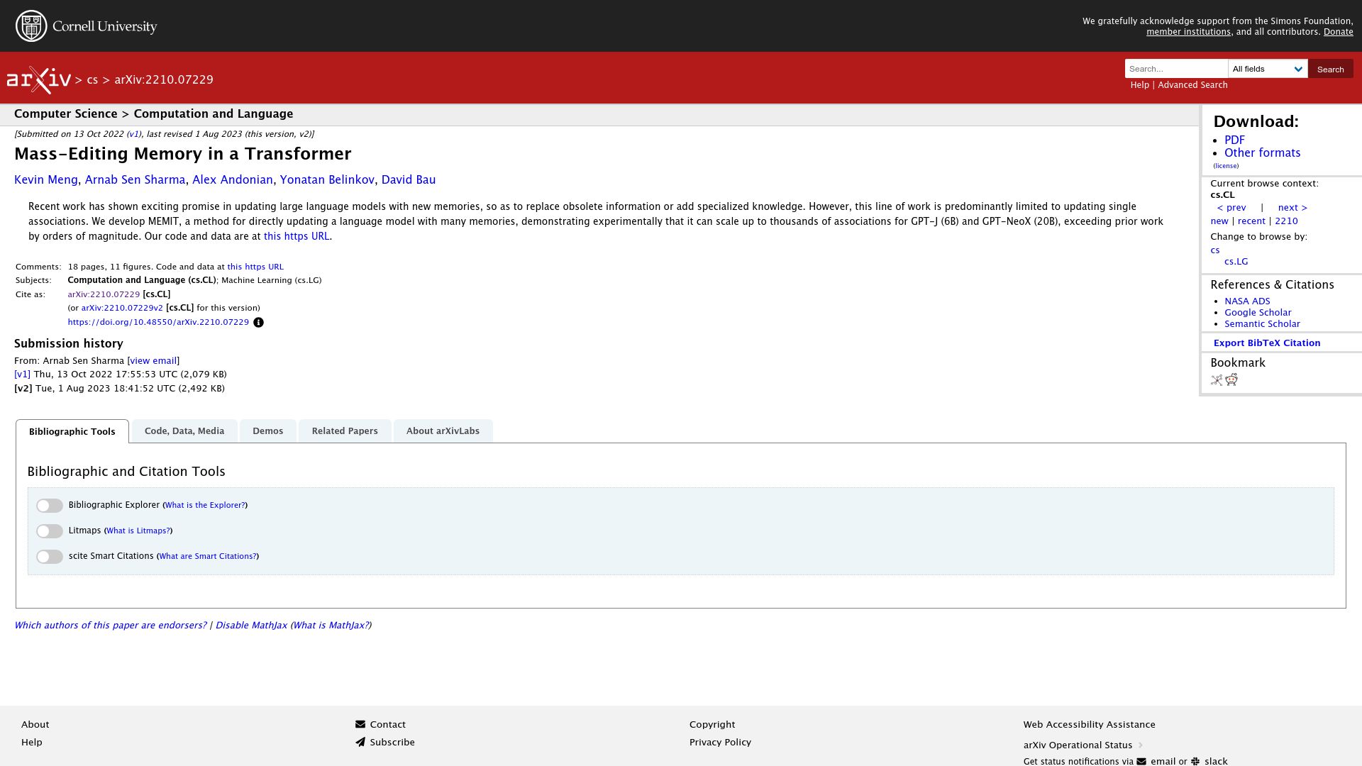 Screenshot of arxiv.org: Mass Editing Memory in a Transformer