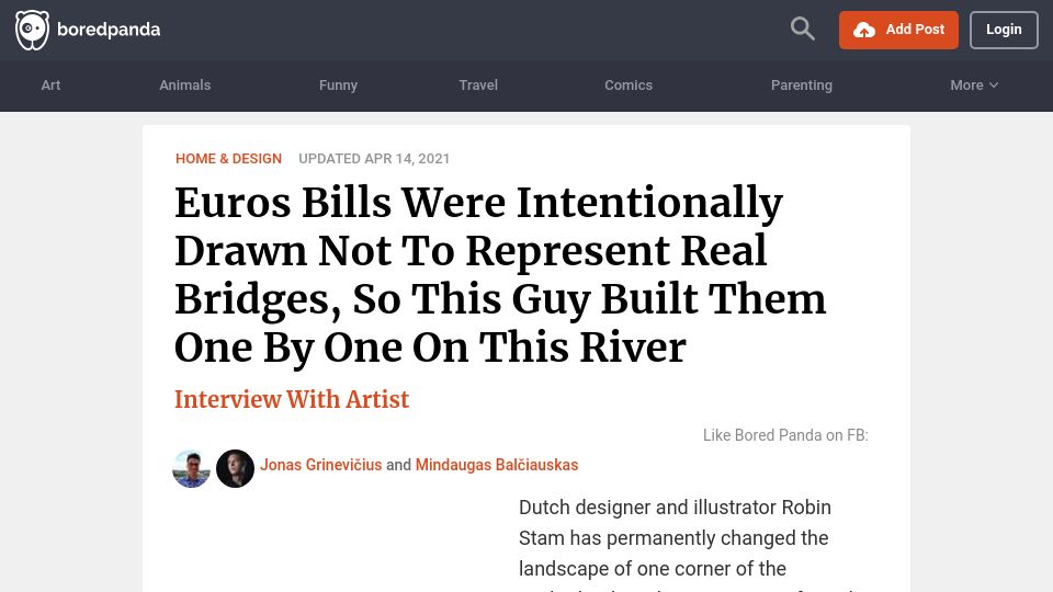 Screenshot of boredpanda.com: Euros Bills Drawn Not to Represent Real Bridges. He Built Them All on This River