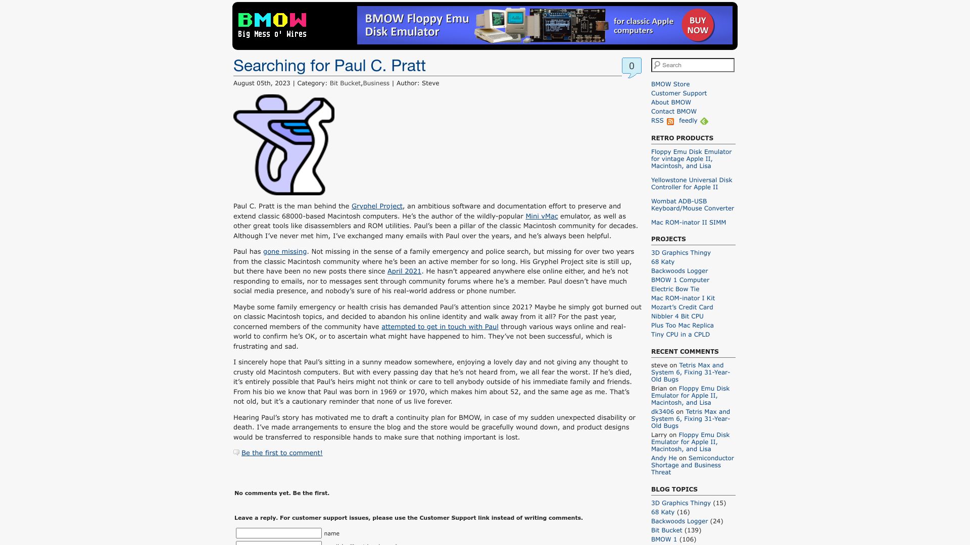Screenshot of bigmessowires.com: Searching for Paul C. Pratt