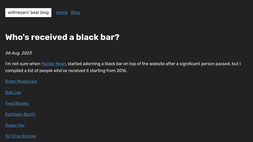 Screenshot of bear.willmeyers.net: People who've received a black bar on Hacker News