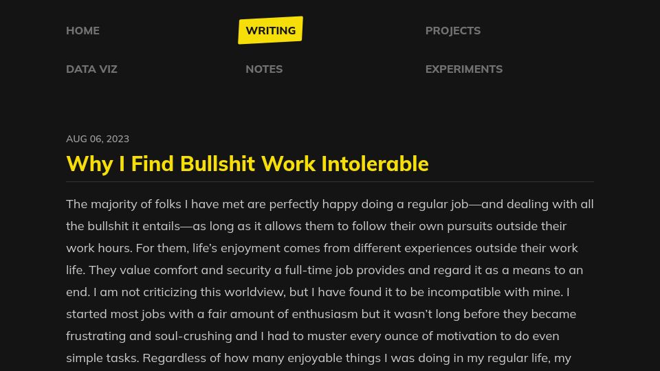 Screenshot of shubhamjain.co: Why I Find Bullshit Work Intolerable