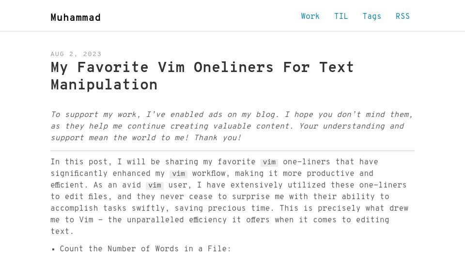Screenshot of muhammadraza.me: My favorite Vim oneliners for text manipulation