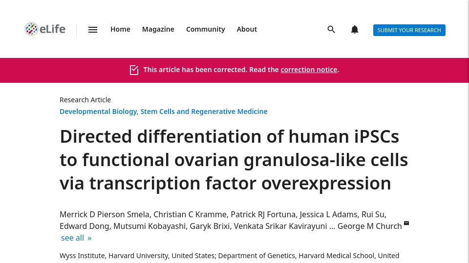 Screenshot of elifesciences.org: George Church lab creates ovarian granulosa-like cells from stem cells