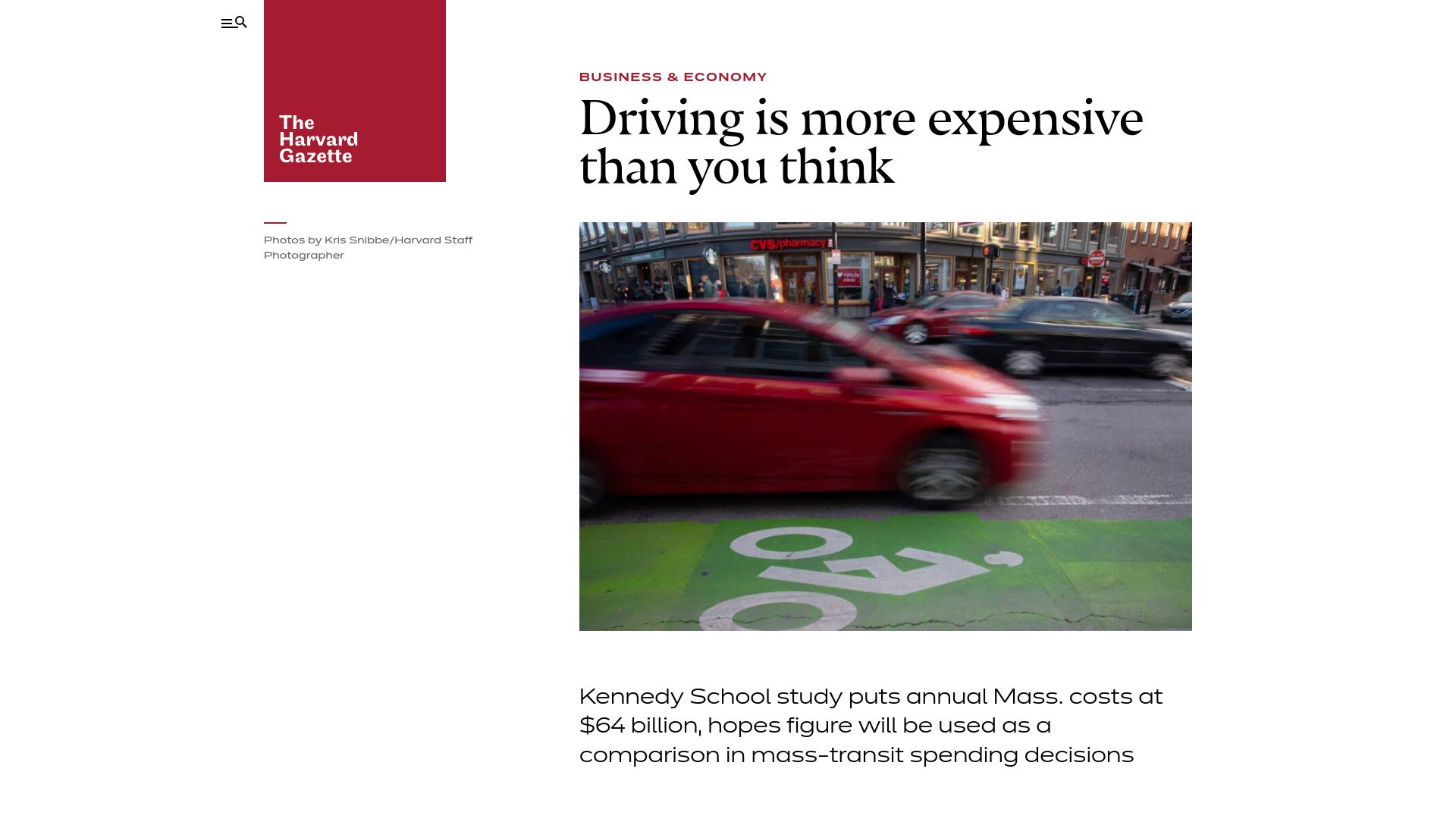 Screenshot of news.harvard.edu: Driving is more expensive than you think (2020)