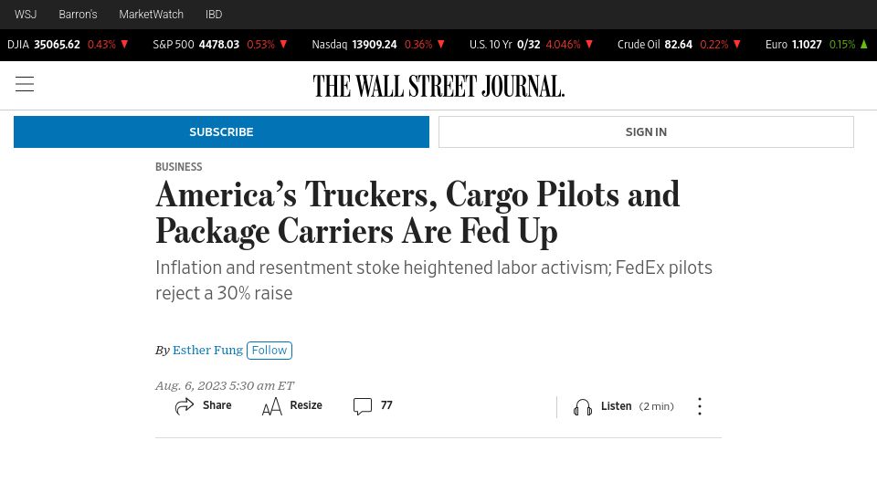 Screenshot of wsj.com: America’s Truckers, Cargo Pilots and Package Carriers Are Fed Up