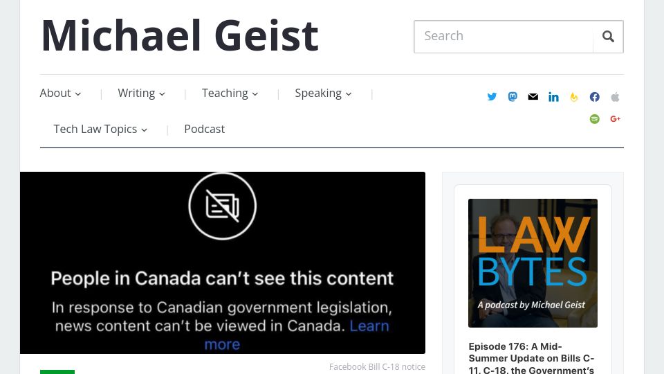 Screenshot of michaelgeist.ca: Meta blocking news links in Canada