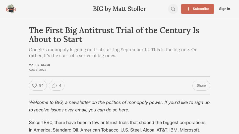 Screenshot of thebignewsletter.com: The antitrust trial against Google is starting in September
