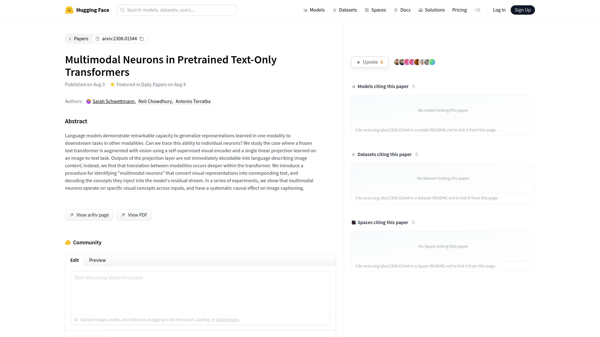 Screenshot of huggingface.co: Multimodal Neurons in Pretrained Text-Only Transformers