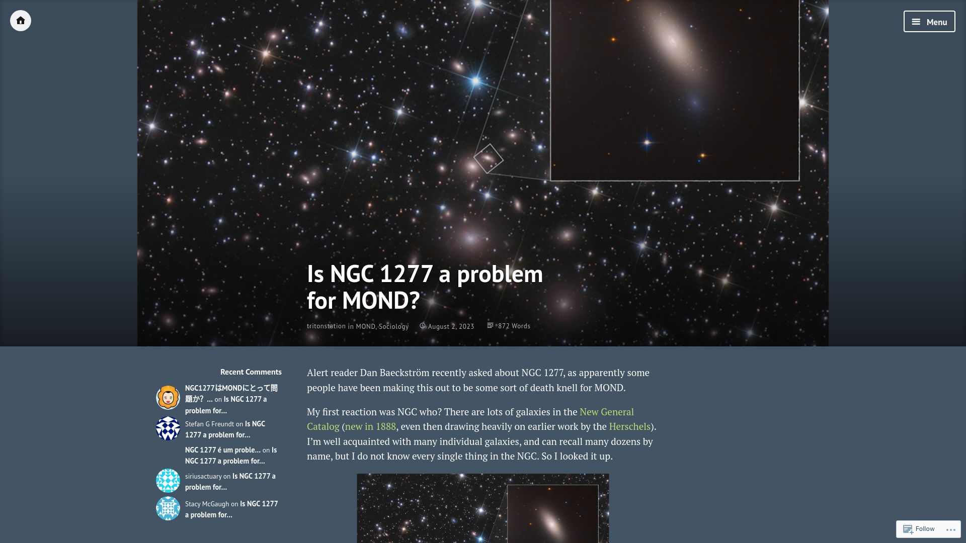 Screenshot of tritonstation.com: Is NGC 1277 a problem for MOND?
