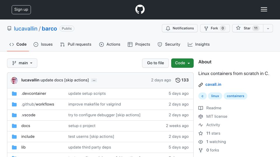 Screenshot of github.com: Barco: Linux Containers from Scratch in C