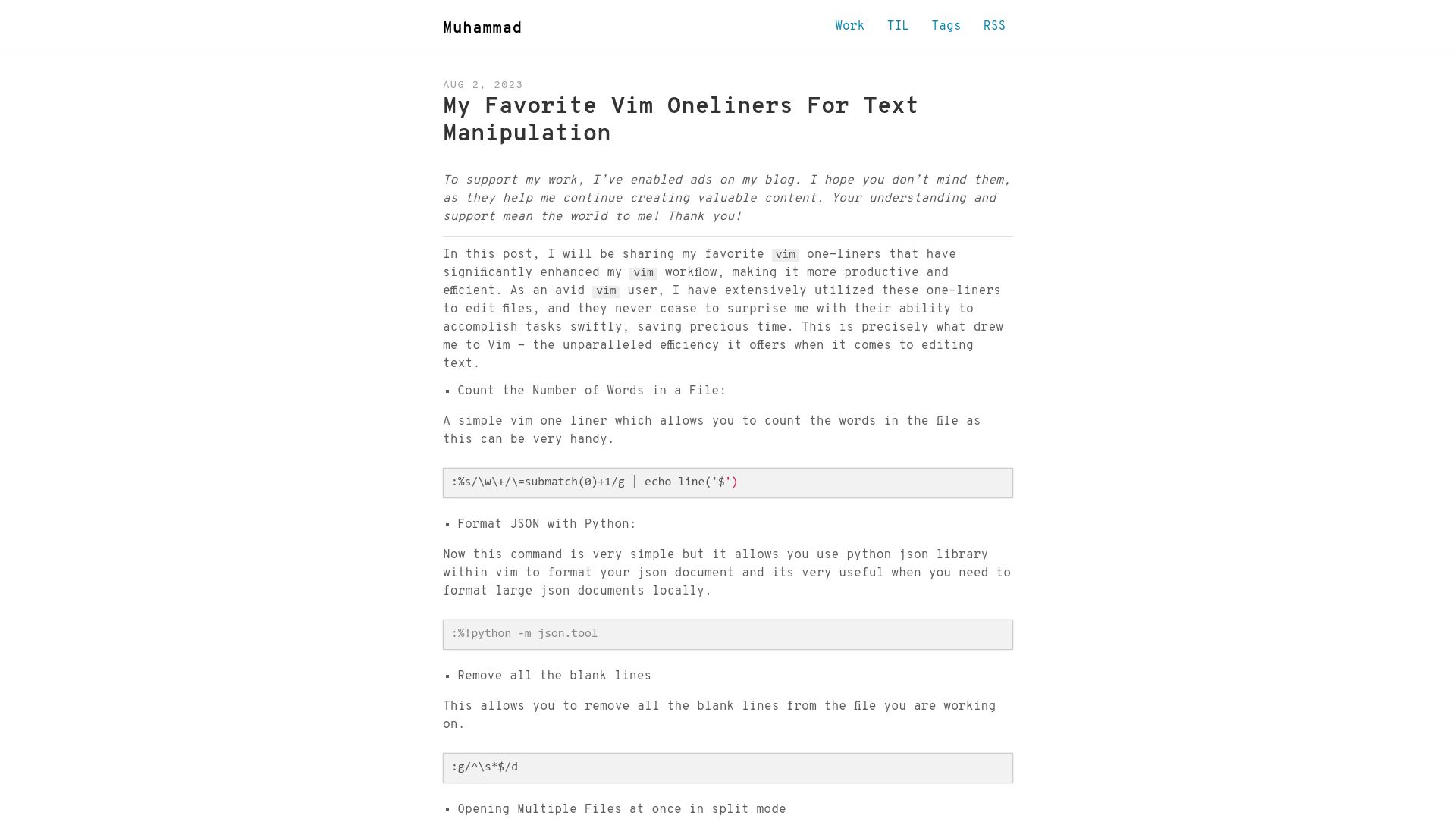 Screenshot of muhammadraza.me: My favorite Vim oneliners for text manipulation