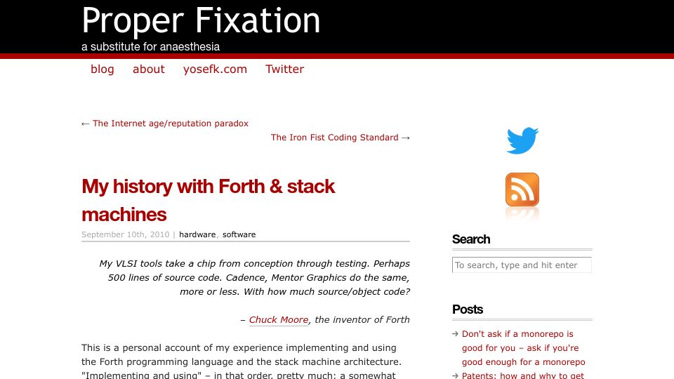 Screenshot of yosefk.com: My history with Forth and stack machines (2010)