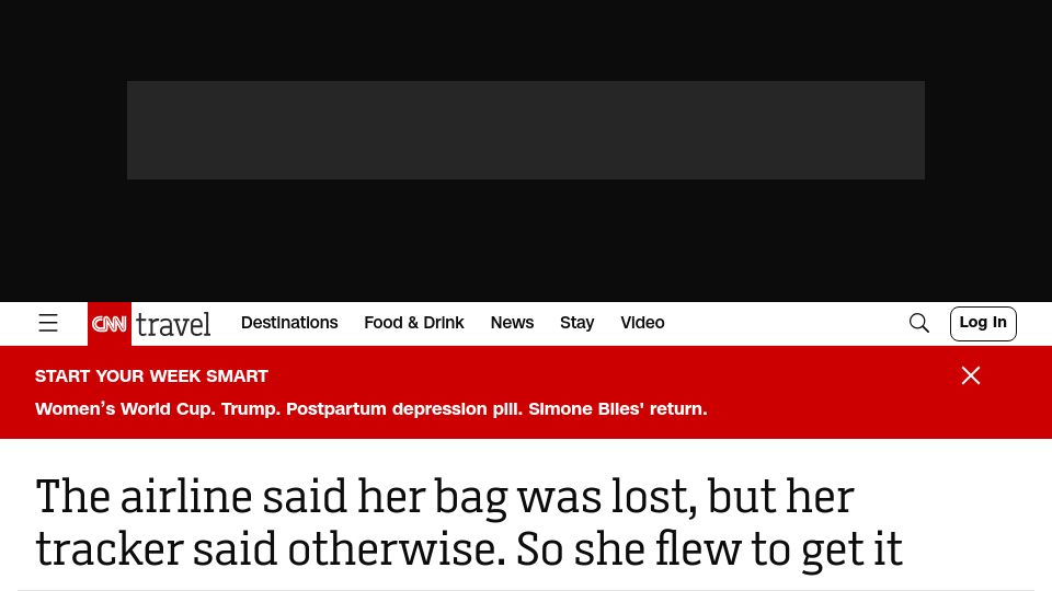 Screenshot of cnn.com: An airline said her bag was lost, her tracker said otherwise. She flew to get it