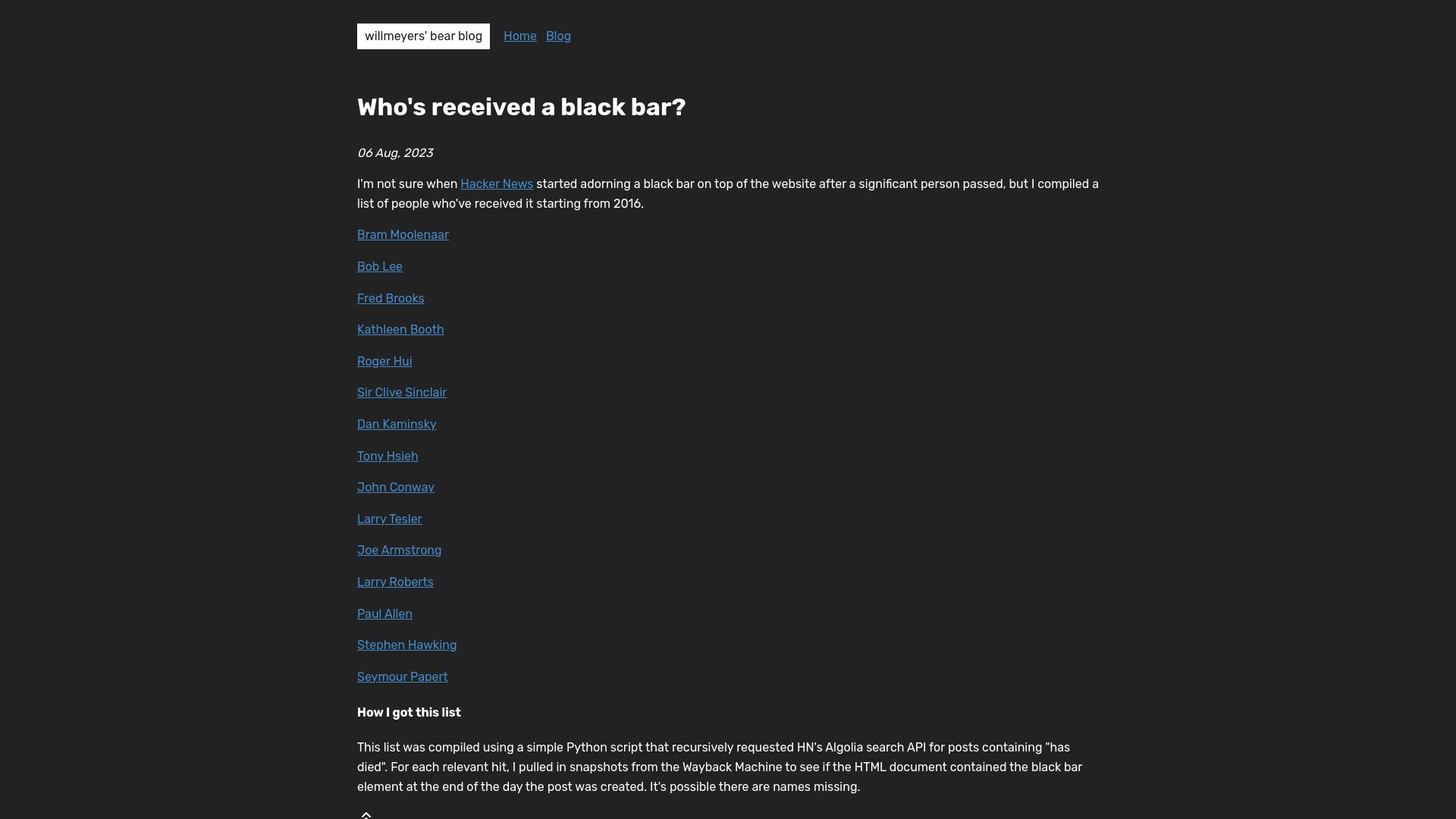 Screenshot of bear.willmeyers.net: People who've received a black bar on Hacker News