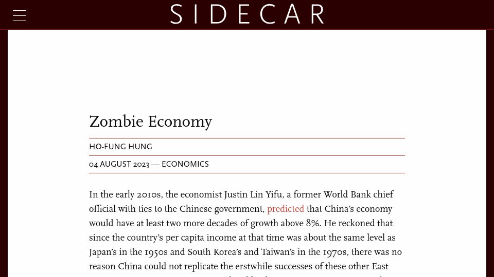 Screenshot of newleftreview.org: China's Zombie Economy