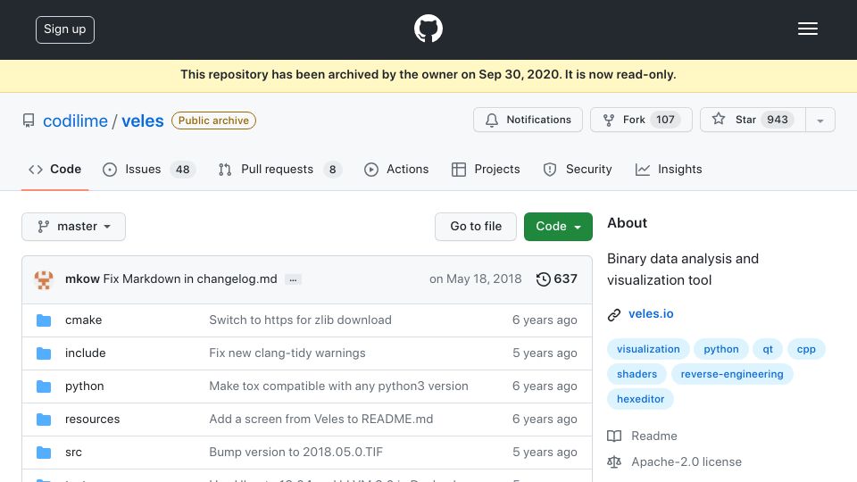 Screenshot of github.com: Veles – A tool for binary analysis (2018)