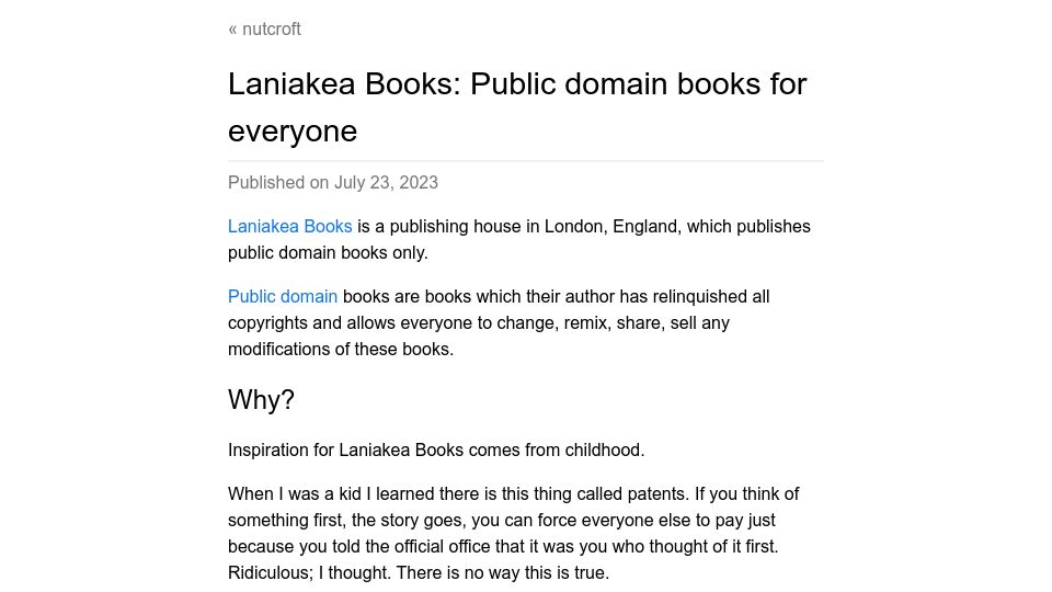 Screenshot of nutcroft.com: Laniakea Books: Public domain books for everyone