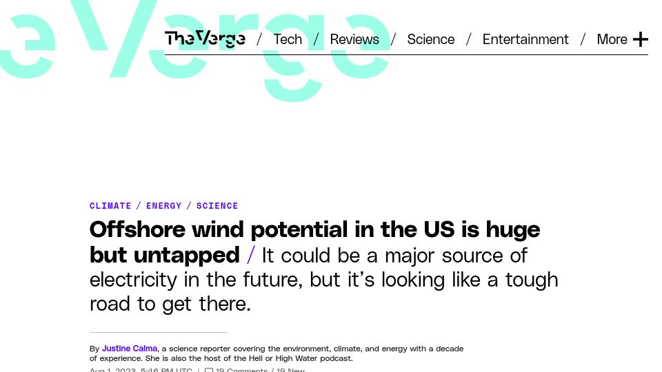 Screenshot of theverge.com: Offshore wind potential in the US is huge but untapped
