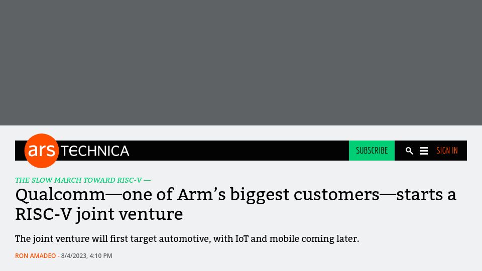 Screenshot of arstechnica.com: Qualcomm starts a RISC-V joint venture