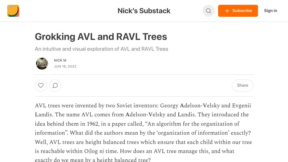Screenshot of photonlines.substack.com: Grokking AVL and RAVL Trees