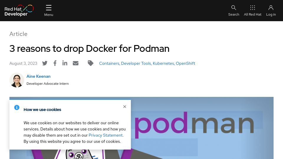 Screenshot of developers.redhat.com: Reasons to Drop Docker for Podman