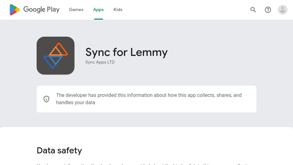Screenshot of play.google.com: Sync for Lemmy