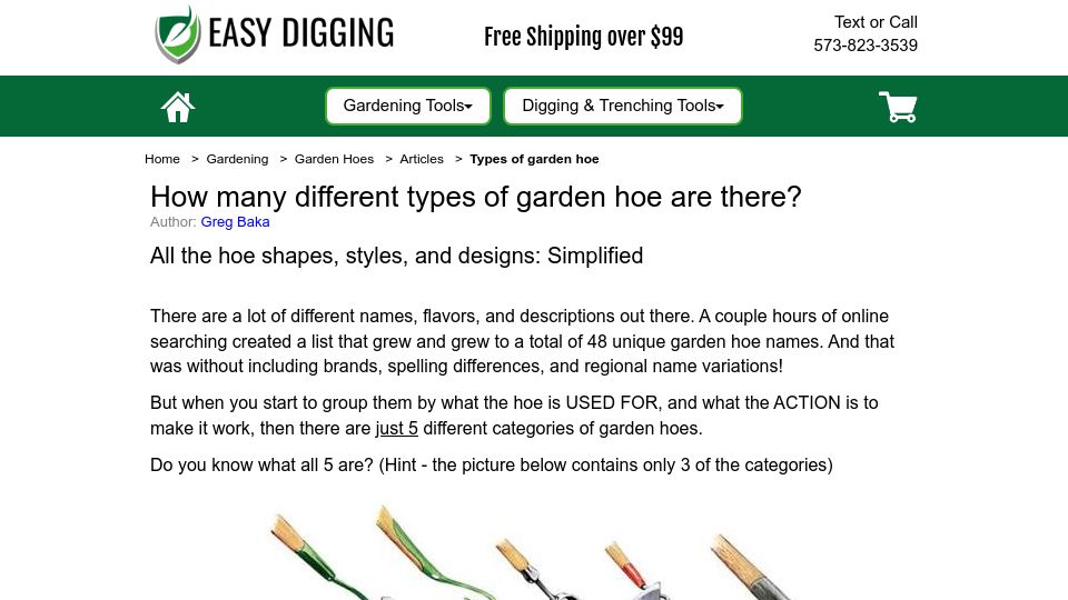 Screenshot of easydigging.com: Types of Garden Hoe