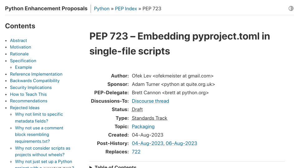 Screenshot of peps.python.org: PEP 723 – Embedding pyproject.toml in single-file scripts – peps.python.org