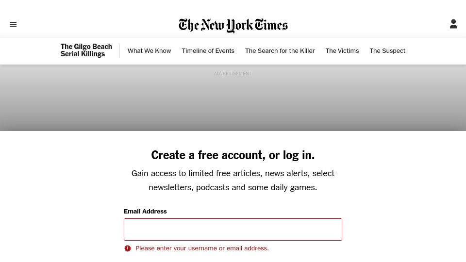 Screenshot of nytimes.com: Serial murders have dwindled, thanks to improved technology
