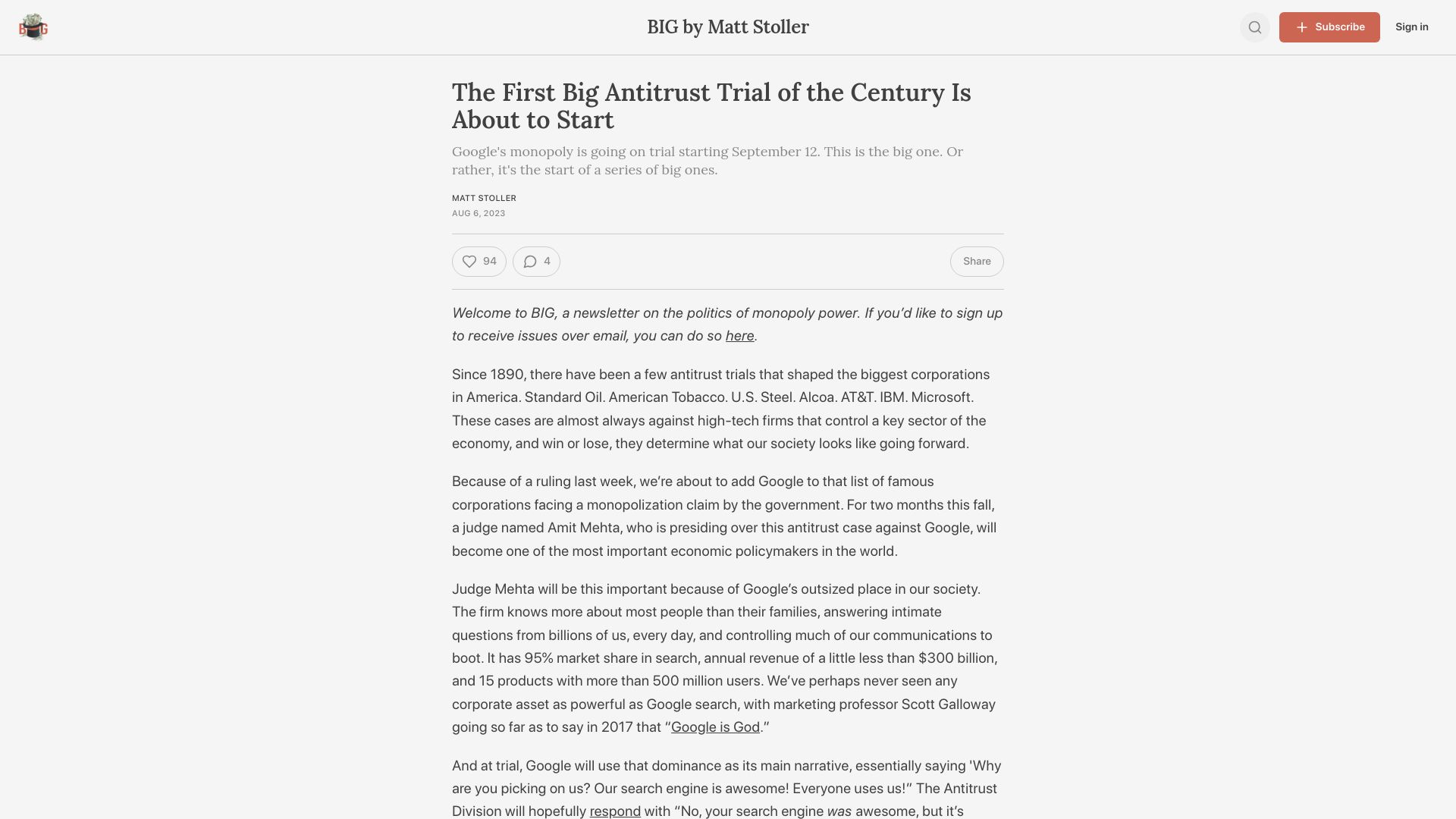 Screenshot of thebignewsletter.com: The antitrust trial against Google is starting in September