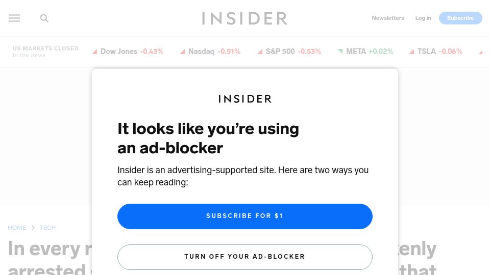Screenshot of businessinsider.com: In every reported mistaken arrest using facial recognition, person was Black