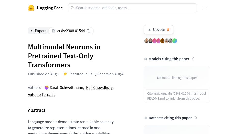 Screenshot of huggingface.co: Multimodal Neurons in Pretrained Text-Only Transformers
