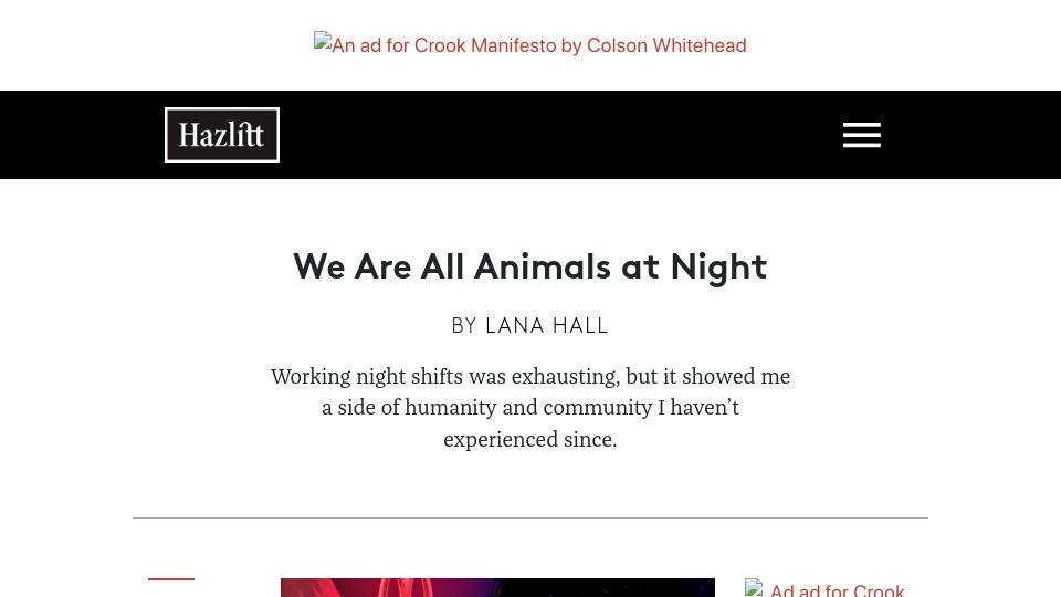 Screenshot of hazlitt.net: We are all animals at night
