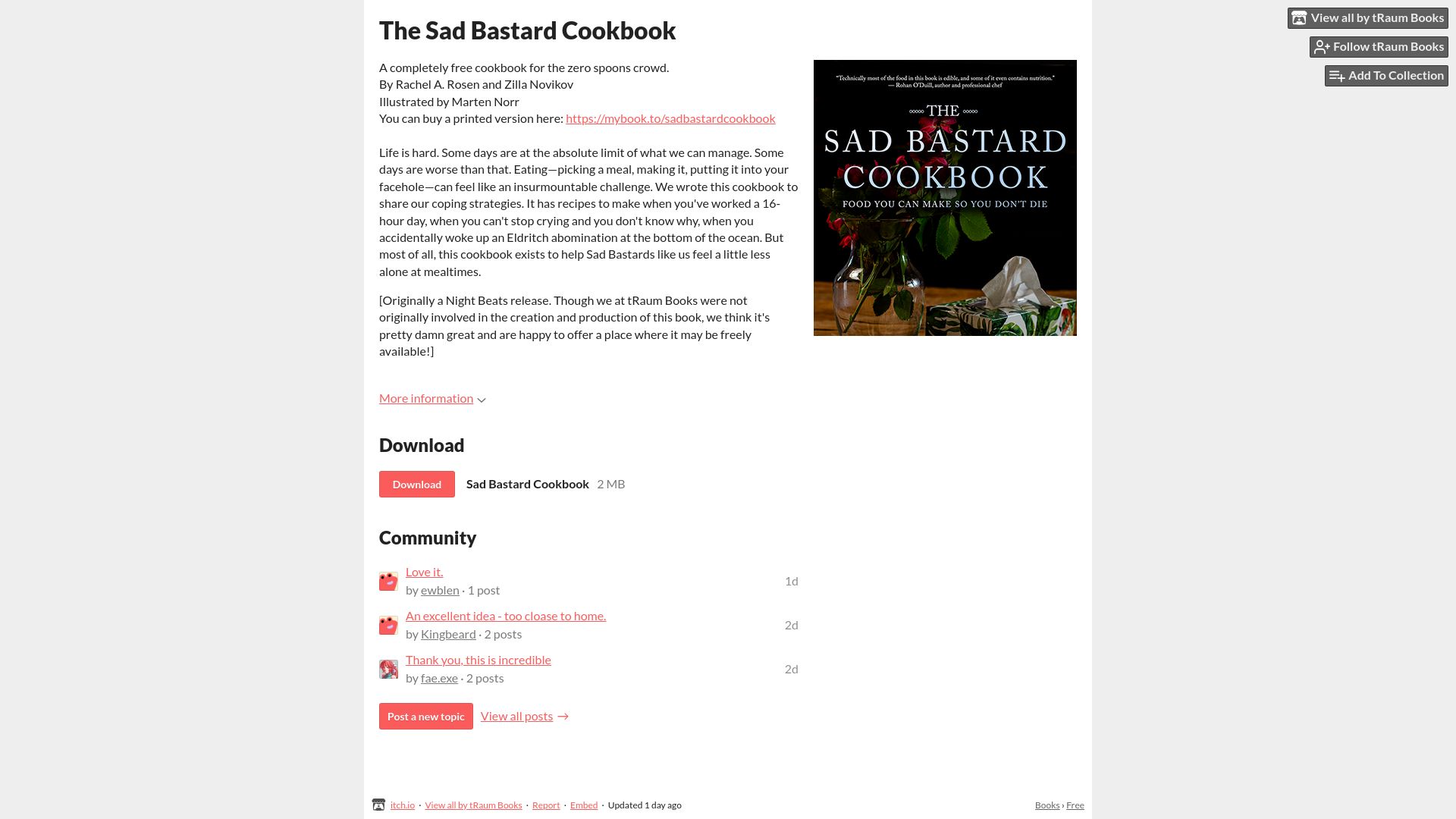 Screenshot of traumbooks.itch.io: The Sad Bastard Cookbook