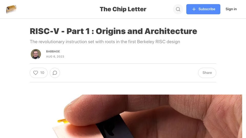 Screenshot of thechipletter.substack.com: RISC-V Origins and Architecture, Part 1