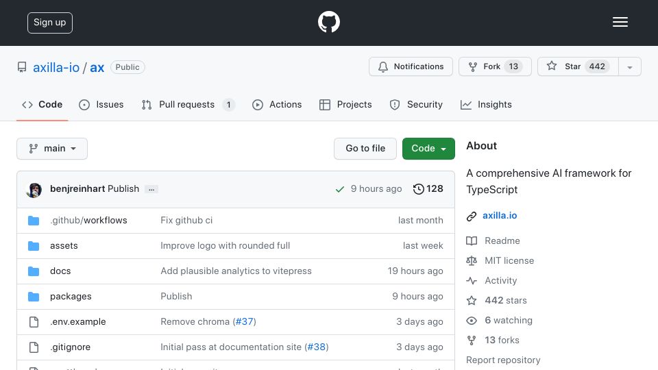 Screenshot of github.com: Show HN: Axilla – Open-source TypeScript framework for LLM apps