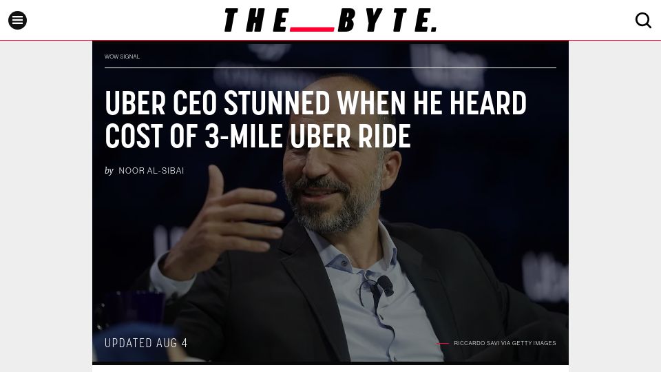 Screenshot of futurism.com: Uber CEO Stunned When He Heard Cost of 3-Mile Uber Ride