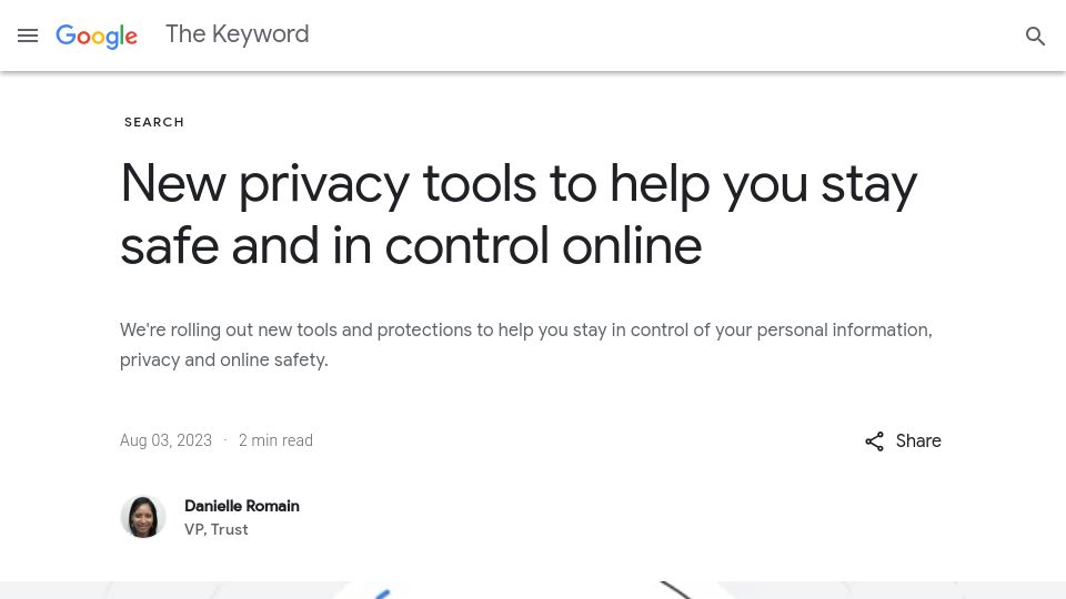 Screenshot of blog.google: New privacy tools and policies to help you stay safe and in control online