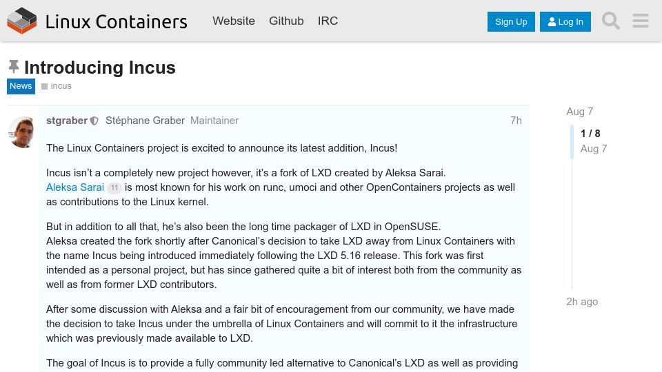 Screenshot of discuss.linuxcontainers.org: Incus, a community fork of LXD, now part of Linux Containers