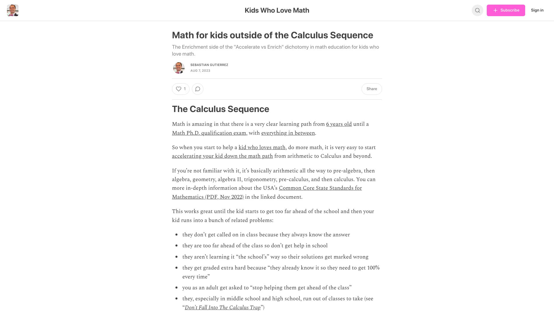 Screenshot of kidswholovemath.substack.com: Math for kids outside of the Calculus Sequence